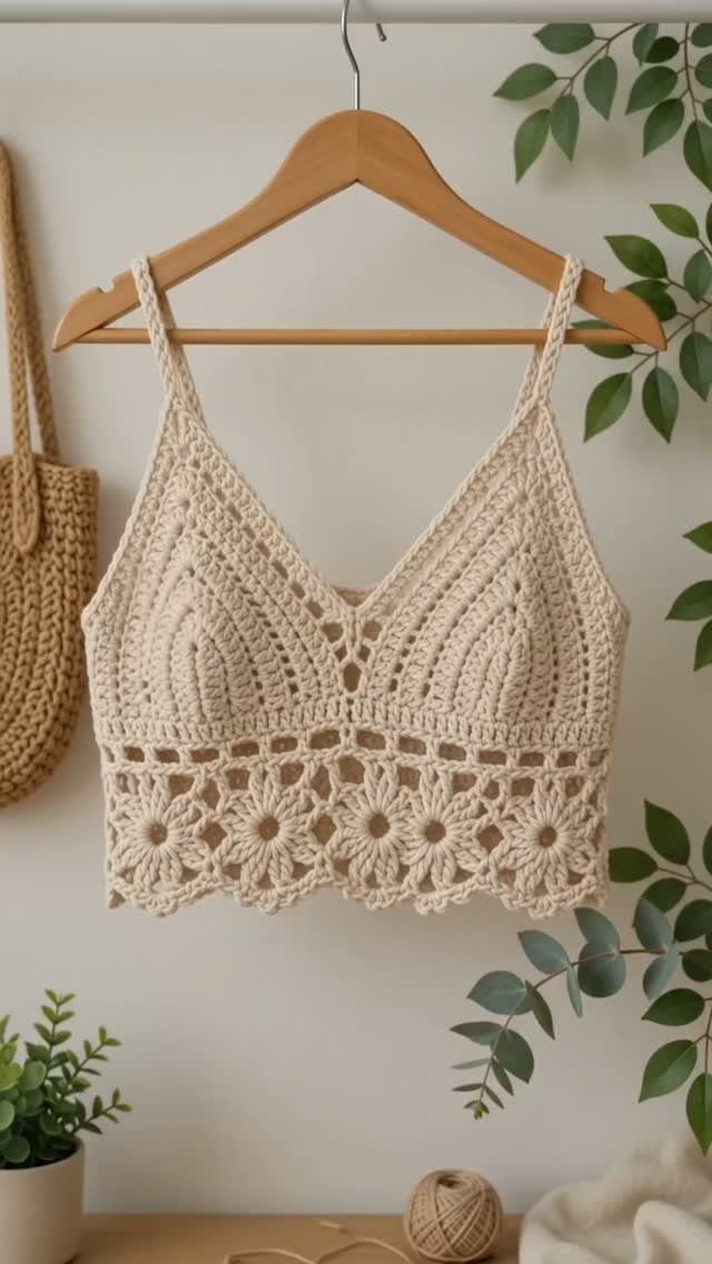 A cream crochet boho crop top with floral lace trim hanging on a wooden hanger.