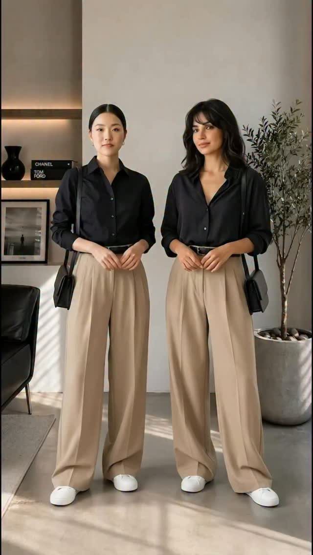 Two women posing in black shirts and beige wide-leg tailored trousers with white shoes.