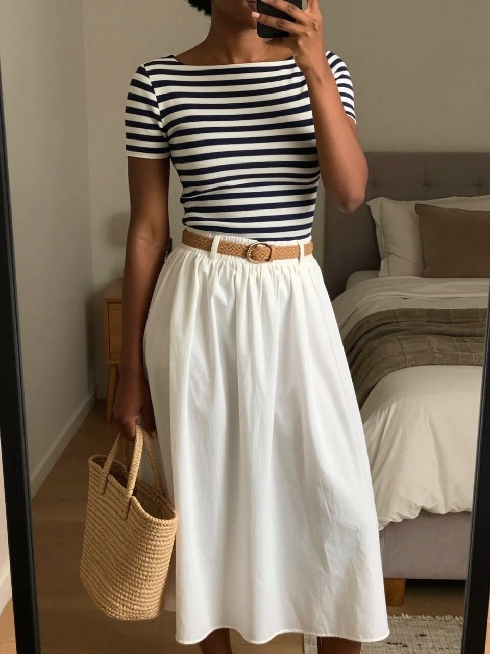 Woman wearing a striped t-shirt and white midi skirt with a straw bag.