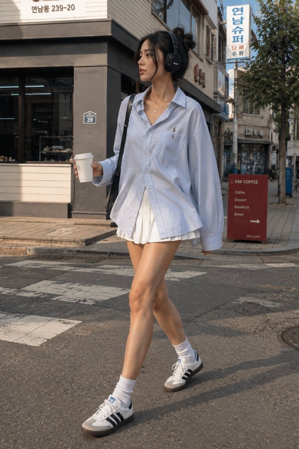 A woman in a blue shirt and white pleated skirt walking through a city street.