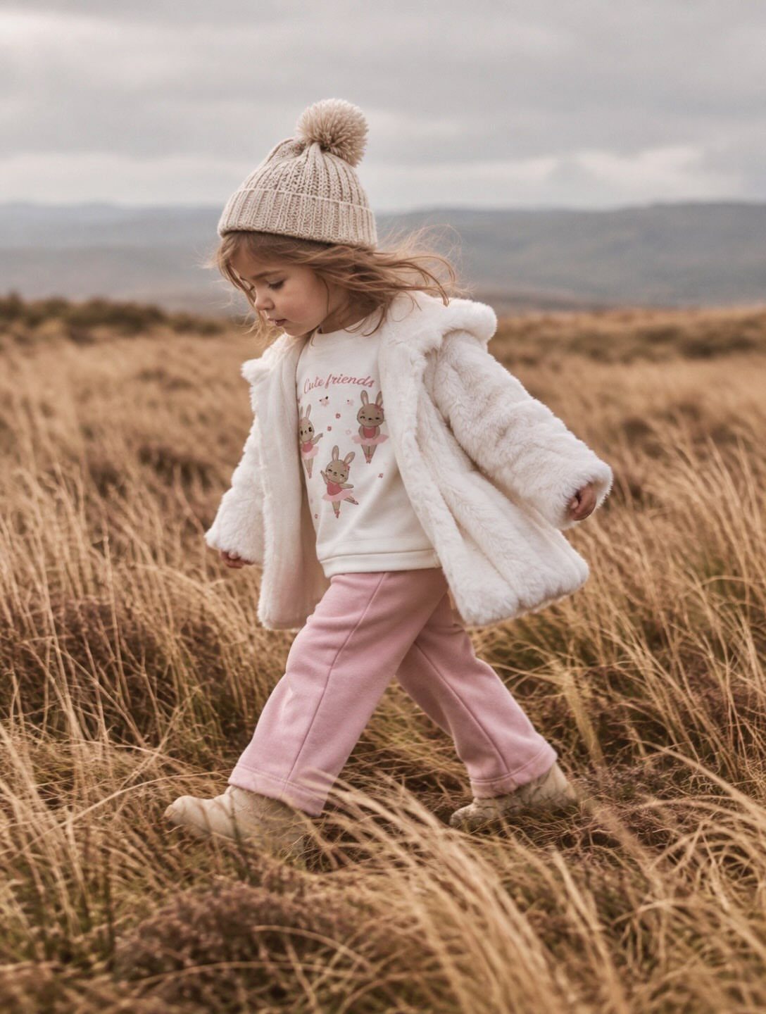 Toddler girl in a white fuzzy jacket and pink pants walking through a grassy field.