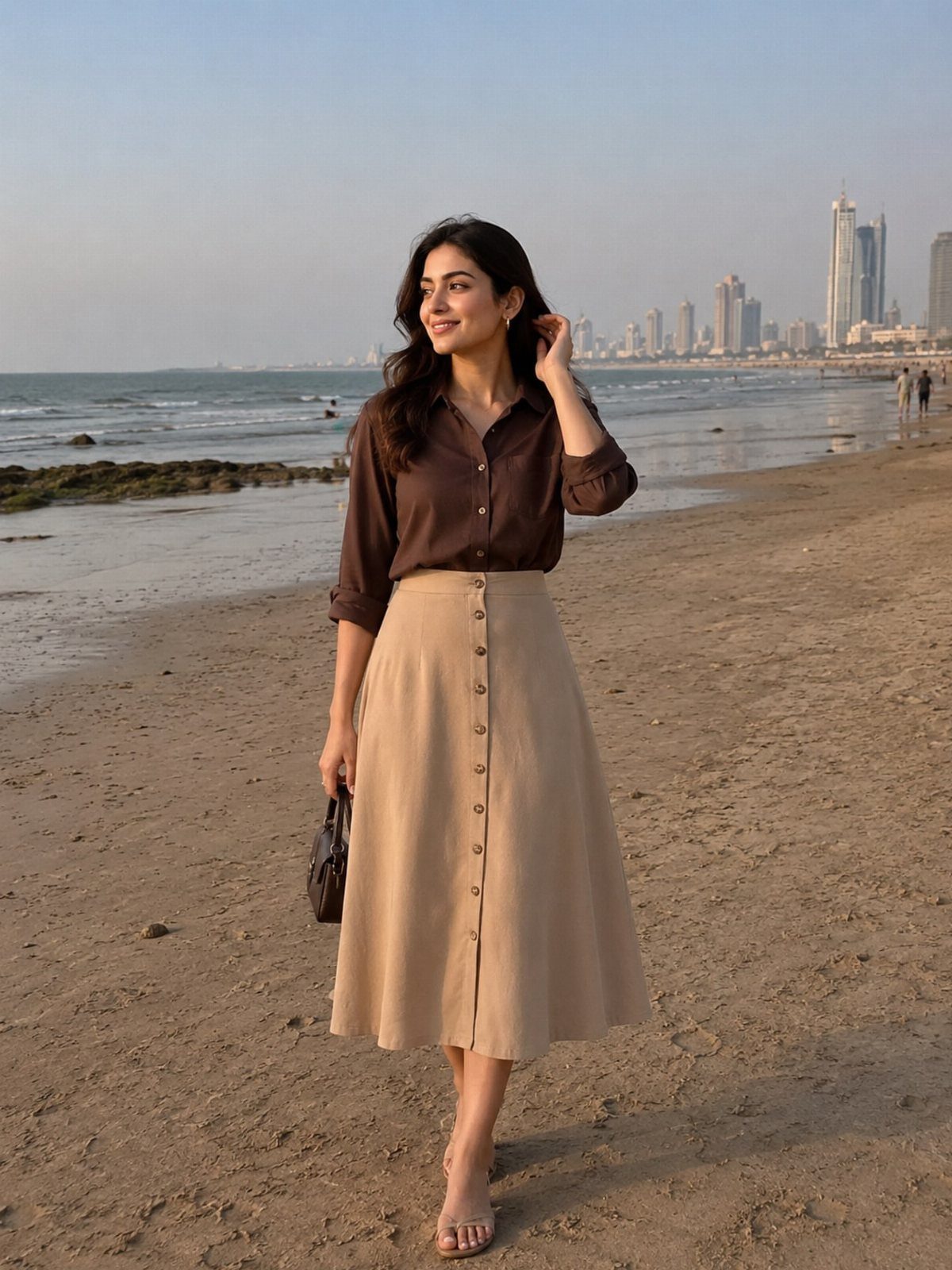 Woman in a brown button-down shirt and tan midi skirt walking on a beach.