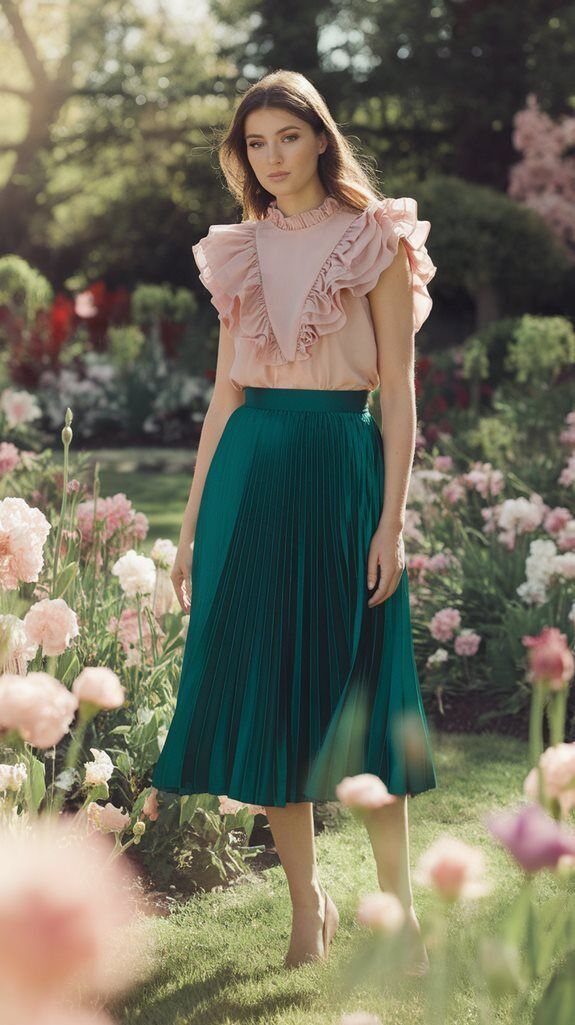 Woman in a pink ruffled blouse and teal pleated midi skirt standing in a flower garden.