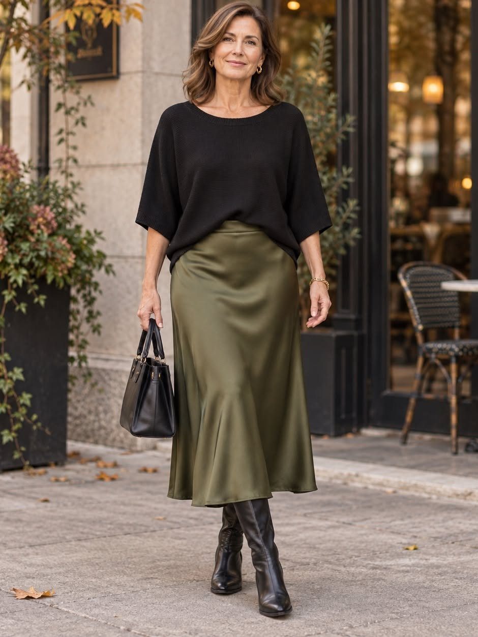 Woman walking outdoors wearing a black slouchy sweater and an olive green satin midi skirt.