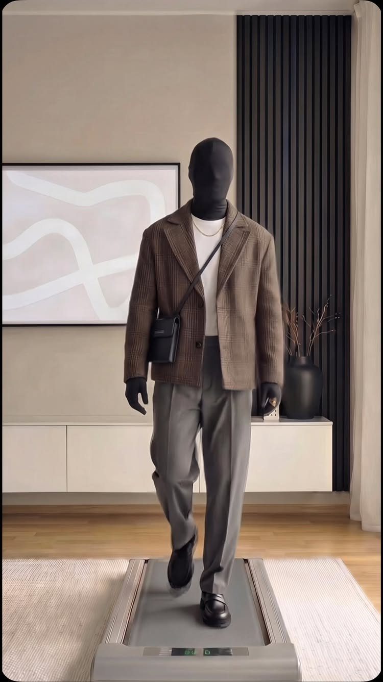 Mannequin in a brown blazer, white shirt, and grey trousers walking on a treadmill.