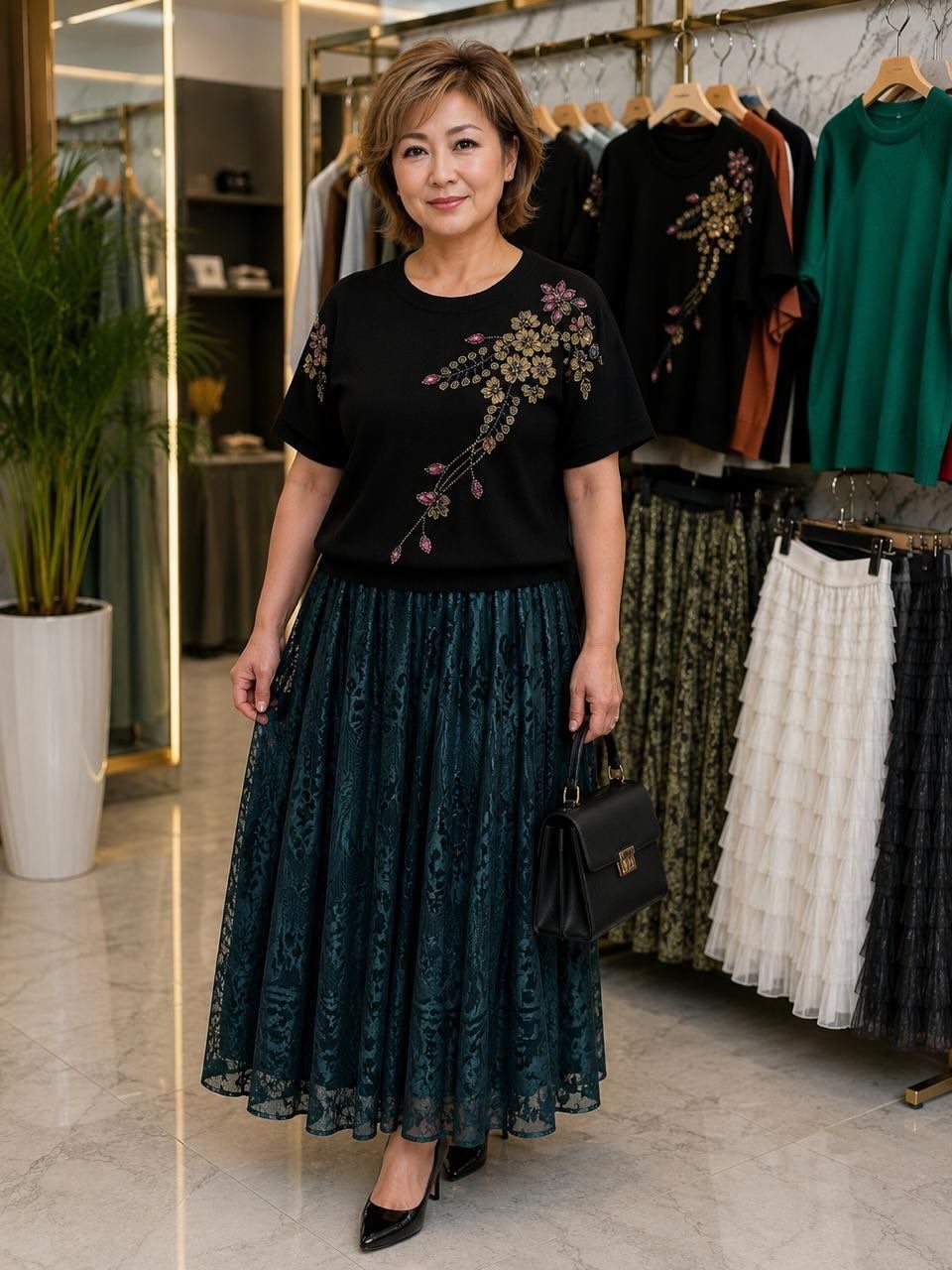 Woman wearing a black embroidered top and a long dark teal lace skirt in a boutique.