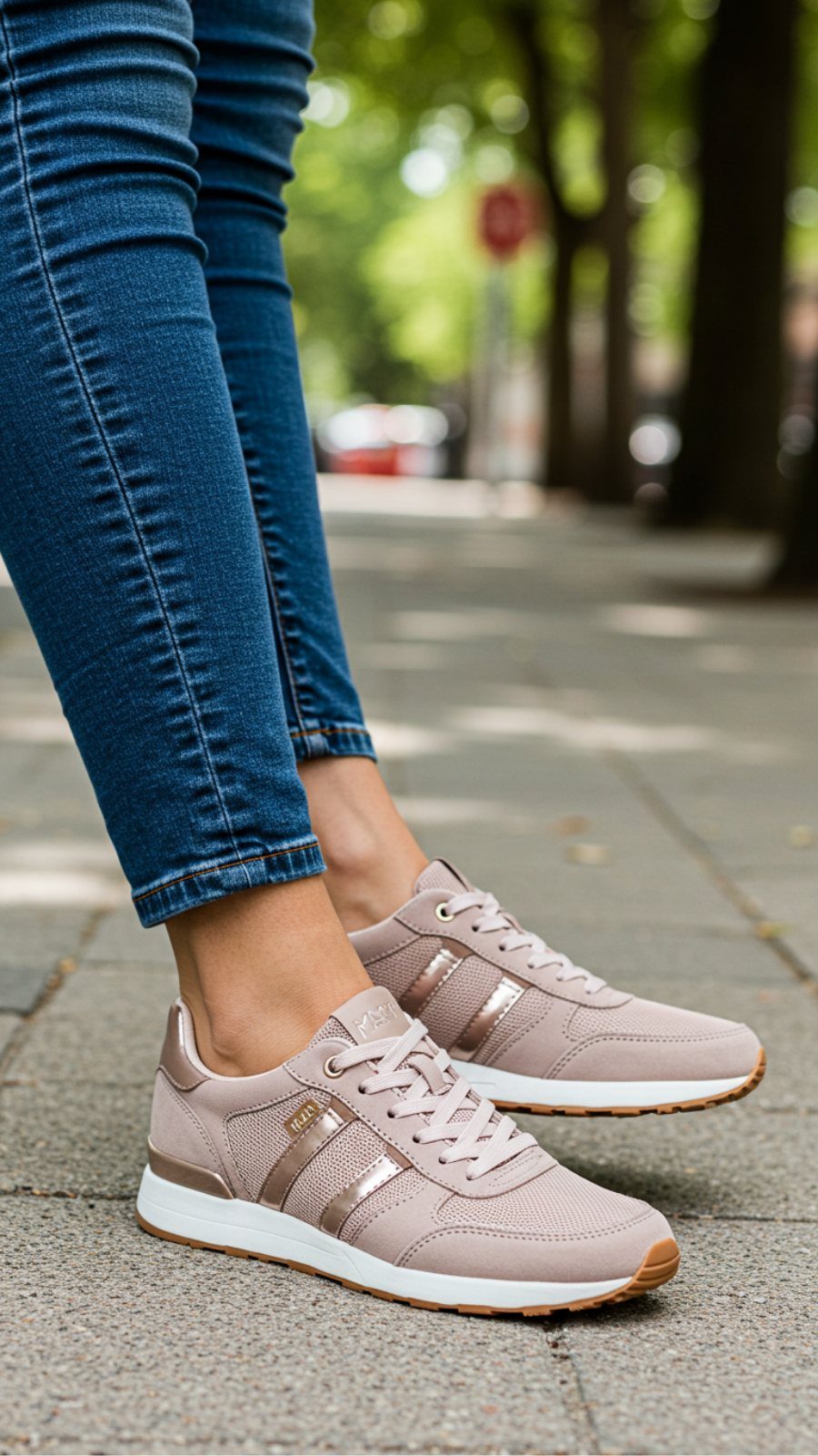 Person wearing blue jeans and dusty rose sneakers standing on a city sidewalk.
