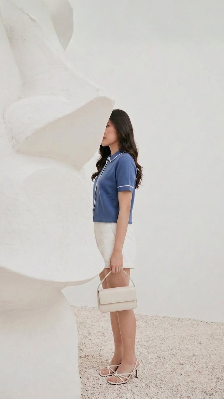Woman in a blue polo shirt and white shorts holding a white handbag.