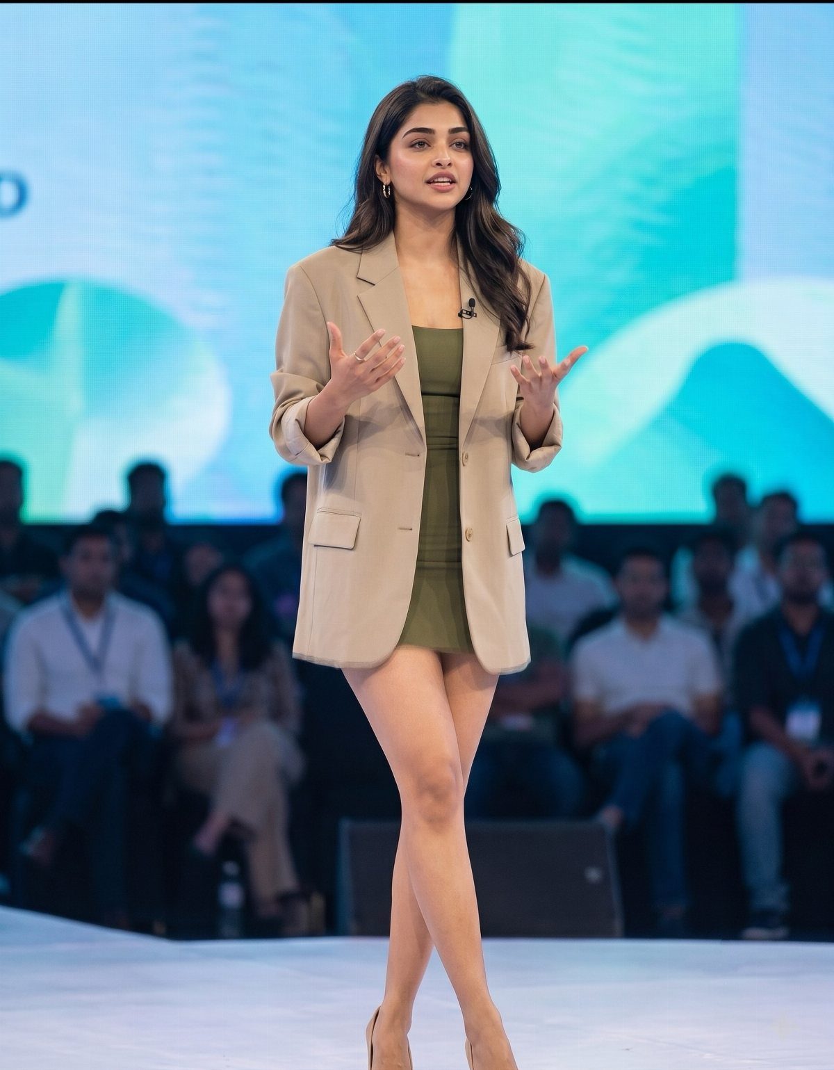 Woman walking on a runway wearing a tan blazer over a short olive green dress.
